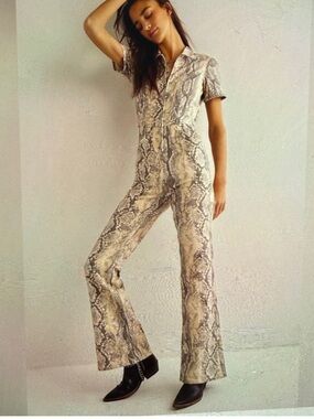 We The Free Snake-Print Flare Jumpsuit in Beige Taupe brand new with no 🏷️